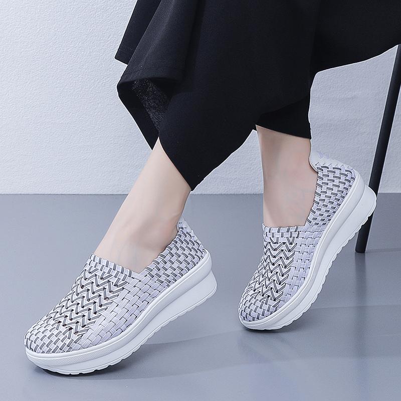 Lady Summer Breathable Slip on Beach Shoes Women Casual Platform Elevator Braided Blue White Sneakers Plus Size