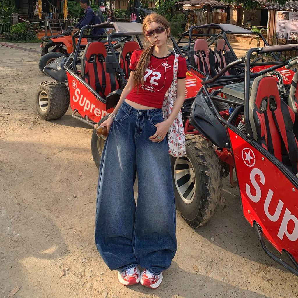 Spring Summer Vintage High Waist Drape Scythe Saber Cut Relax Wide Leg Denim Pants For Ladies Casual Pants Oversize Denim Trousers