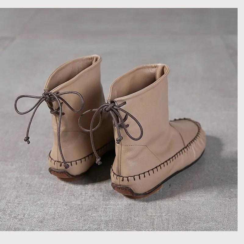 Johnature Handmade Sewing Genuine Leather Women's Boots Retro Warm Plush Flat Mid-calf Boots