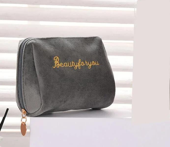 Women's Cosmetic Bag Zipper Velvet Letter Embroidery Solid Make Up Pouch for Cosmetics Toiletry Case Female Make Up Bags