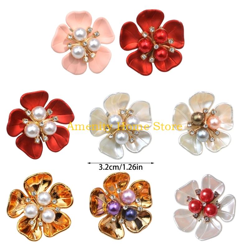F26C 4Pcs Decorative Shirt Button Covers Pearls Rhinestones Embellished Cufflinks Clips For Shirt Jackets Dress Decoration