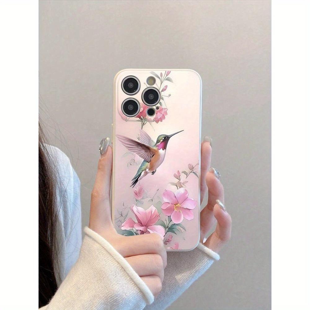 Pink flower hummingbird pattern phone case suitable for iPhone 17 16 15 14 13 12 11 Pro/Max/Plus anti drop and shockproof