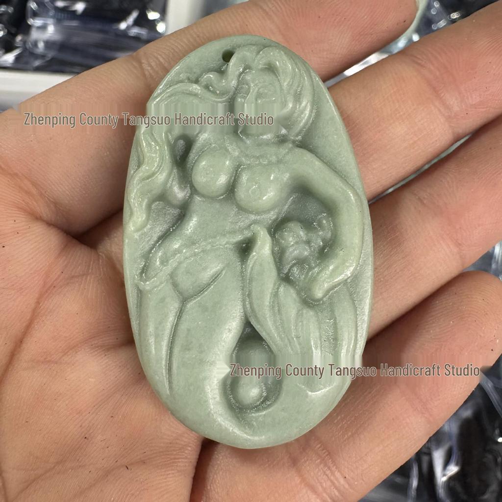 Antique Carved Nine-Tailed Fox & Mermaid Jade Amulet Pendant for Men & Women