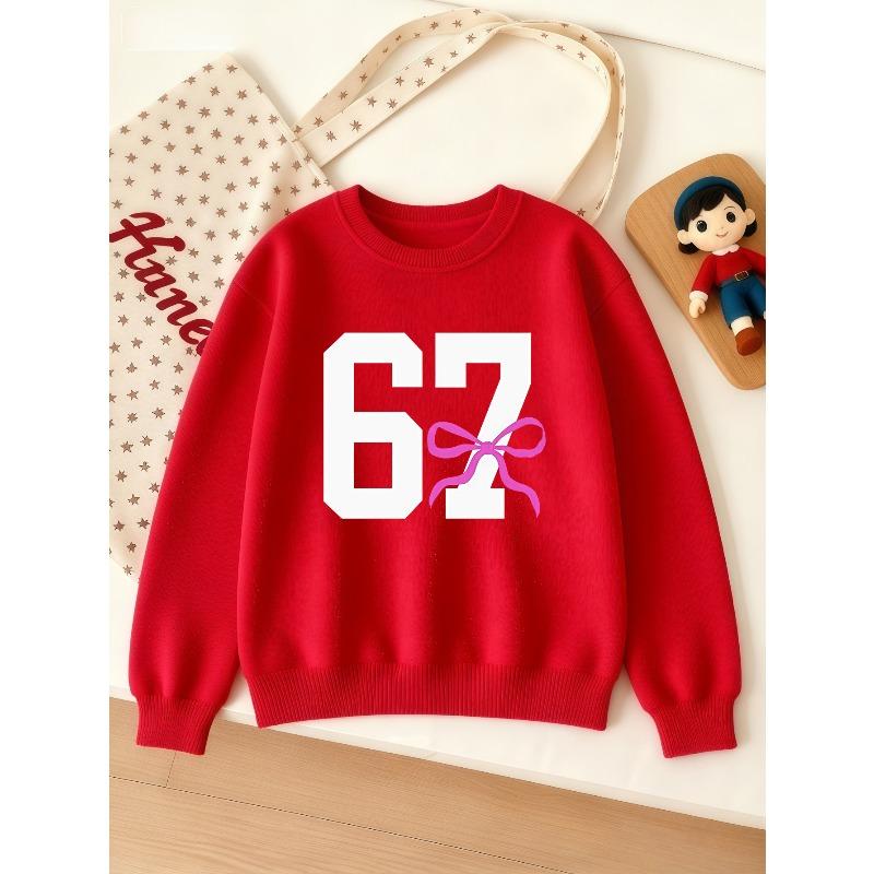 Kids Unisex Crewneck Sweatshirt, White Varsity 67 Number With Pink Bow Print Long Sleeve Pullover, Soft Sweatshirt for Boys Girls Over 4 Years Old