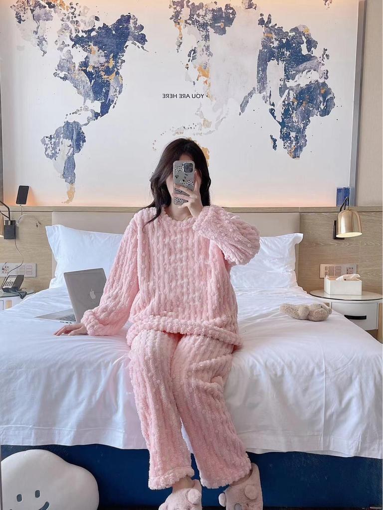 Women's Cute Cartoon Round Neck Flannel Pajamas - Warm Striped Coral Fleece Homewear Set for Autumn and Winter