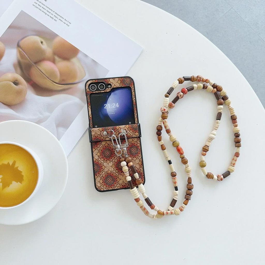 Retro Floral Prints Crossbody Lanyard PU Leather Cover with Glitter Bead for Samsung Galaxy Z Flip 6 5 4 3 Phone Case