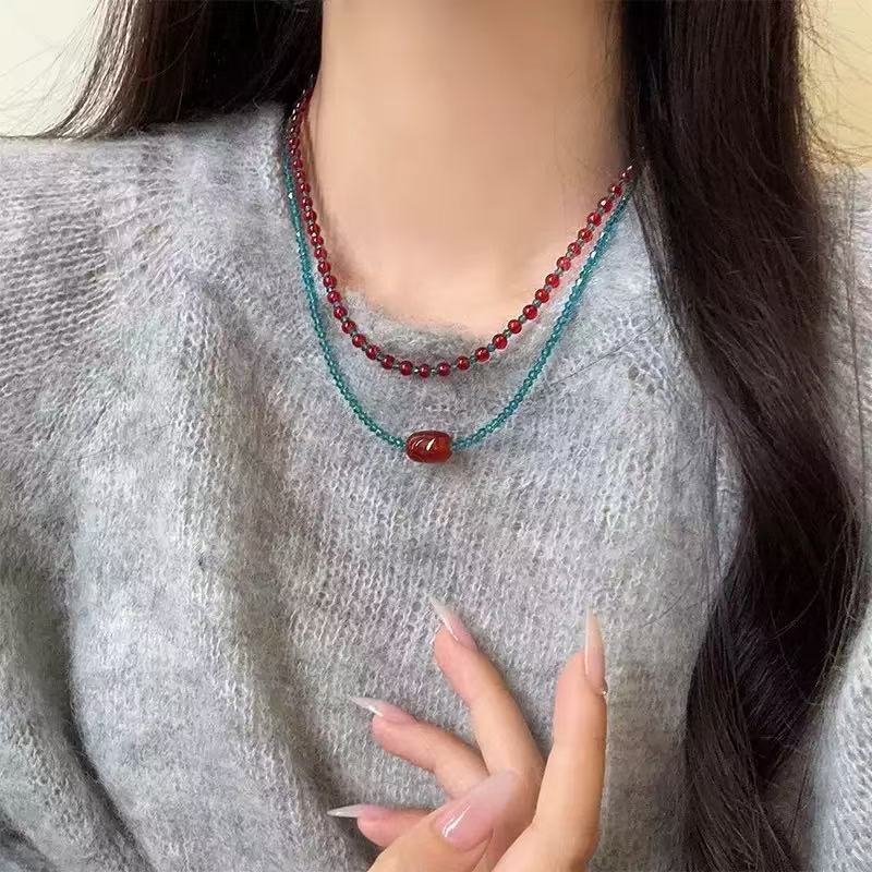 Natural red agate necklace, Xiaomi bead collarbone chain, Bohemian bead necklace, jewelry, double-layer layered necklace