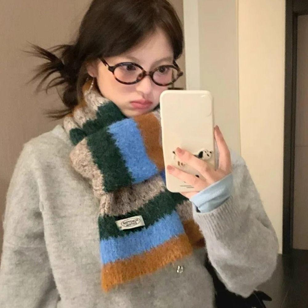 Preppy Style Stripe Scarf Plush Knitted Shawl Simple Plaid Wool Scarf  Girl