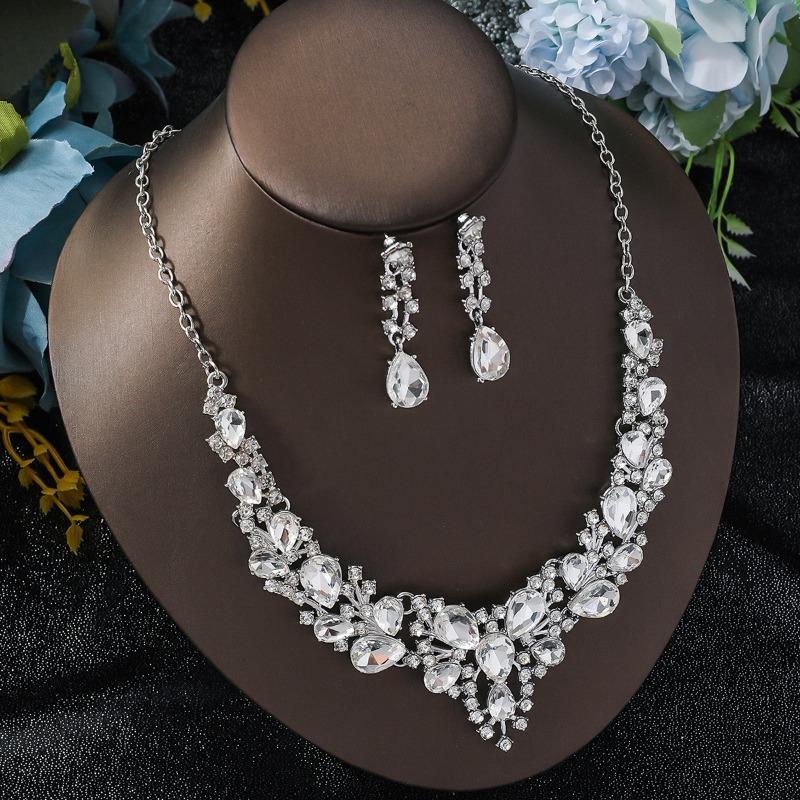 Set of Bridal Crystal Accessories - Necklace, Earrings. Two-piece Wedding Dress. Women's Style.