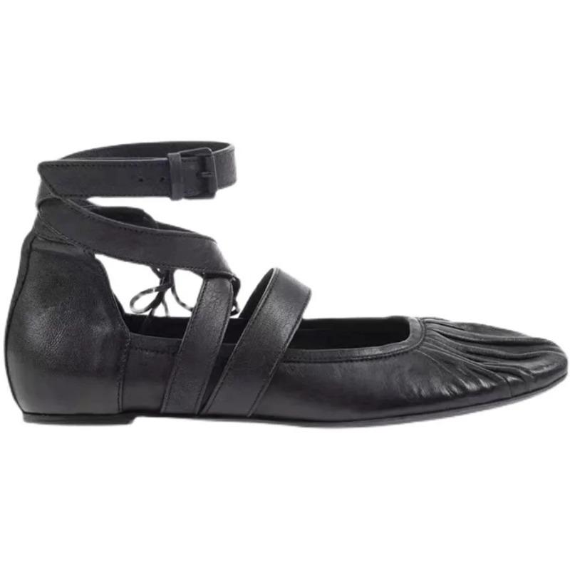 Fashion Round Toe Ankle Strap Women Mary Janes Flats 2025 Spring New Wrinkled Ballet Flats Soft Retro Walking Comfy Women Casual Shoes