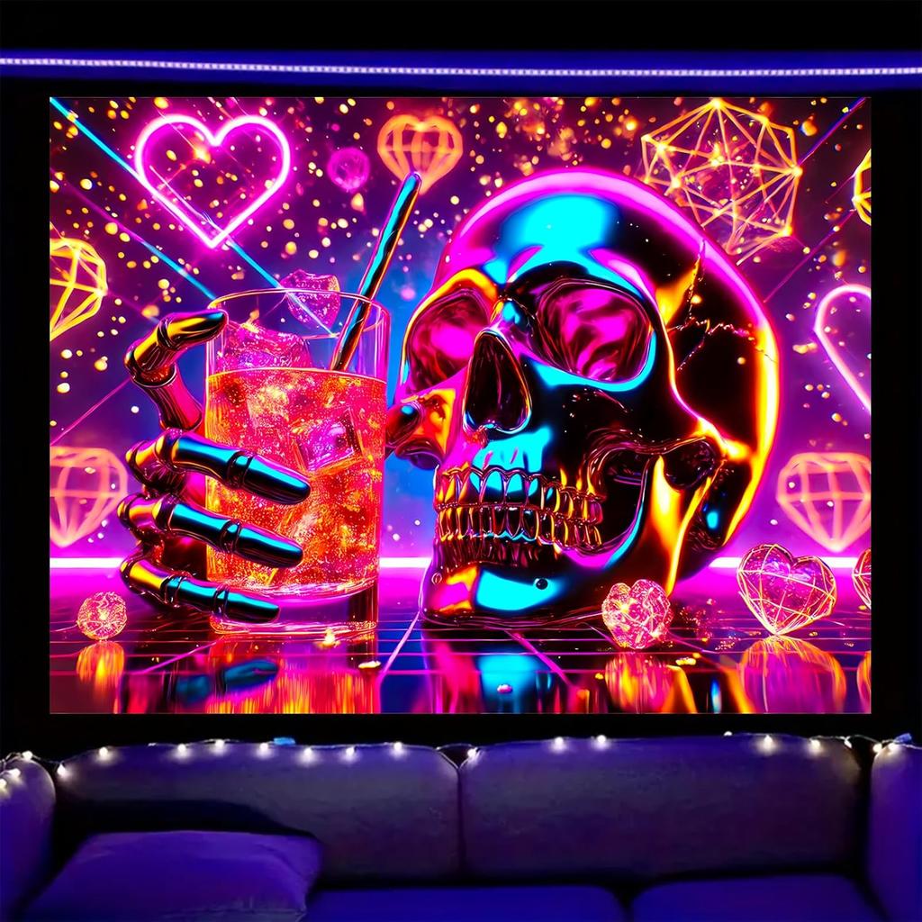 Nuxovilar UV Reactive Tapestry – Skull and Mushroom Scene Blacklight Wall Hanging, Enchanted Forest Glow Art for Bedroom and Living Room Decor,