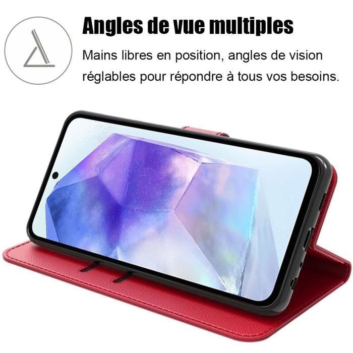 Coque de protection - samsung - galaxy a55 5g - rouge - effet cuir - antichoc avec support