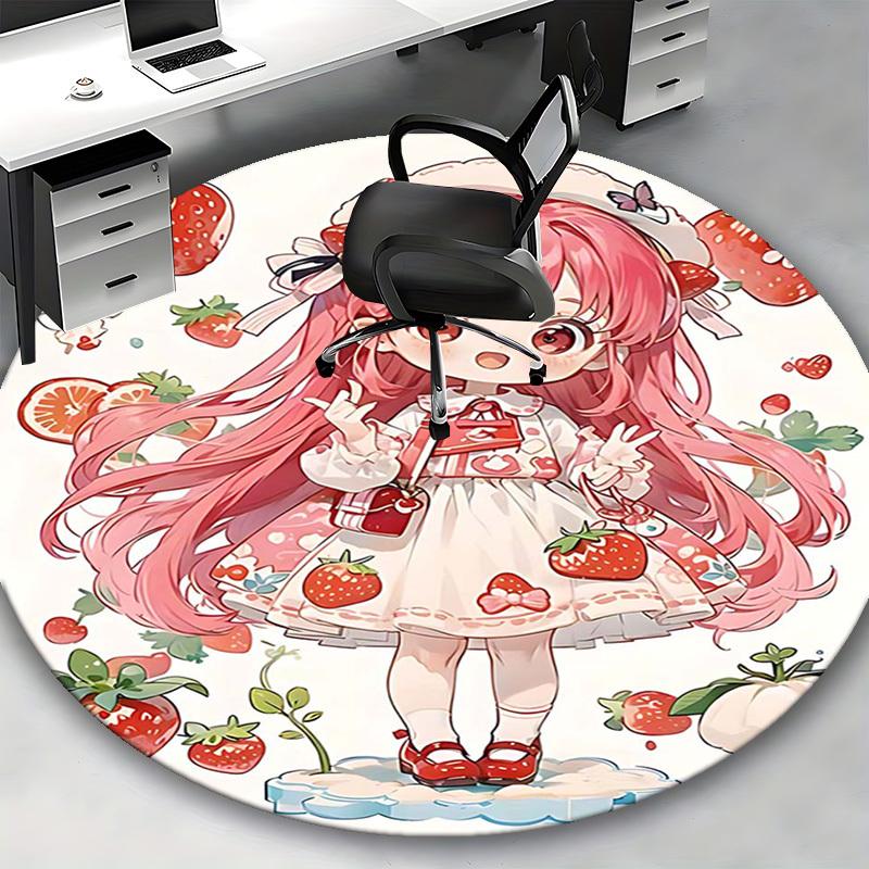1pc Strawberry Anime Girl Round Carpet Office Chair Mat, Non Slip Rug for Home Decor, Gift, Office, Living Room, Bedroom