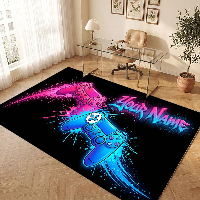 Game Controller Theme Crystal Velvet Floor Rug Personalized Custom Name Text Warm Carpet Home Decoration