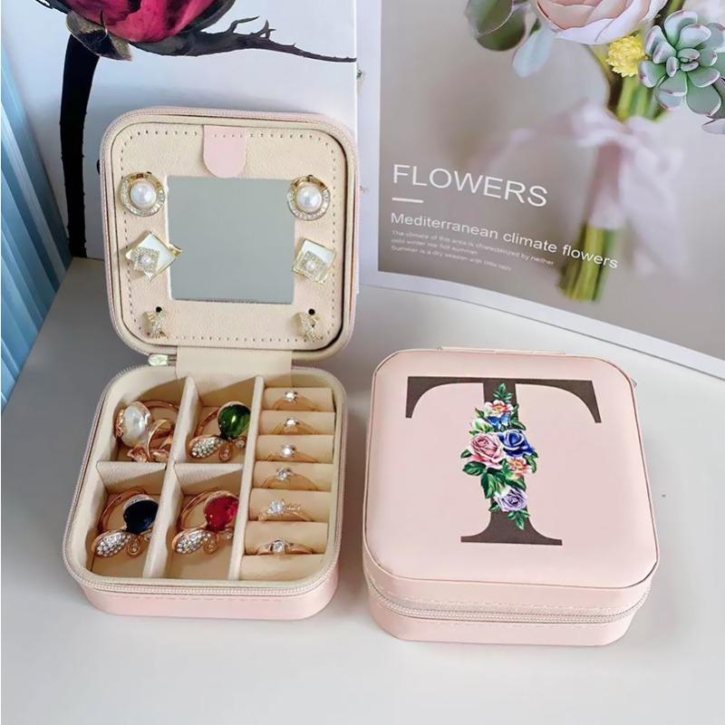 PU Leather Jewelry Box Mirror Storage Box 26 Letter Printed Portable Jewelry Organizer Earring Ring Necklace Case