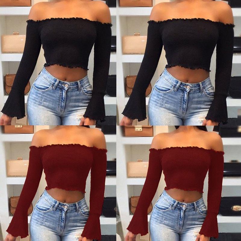 Women Summer Casual Off Shoulder Tank Top Stylish Long Sleeve Crop Top Shirt