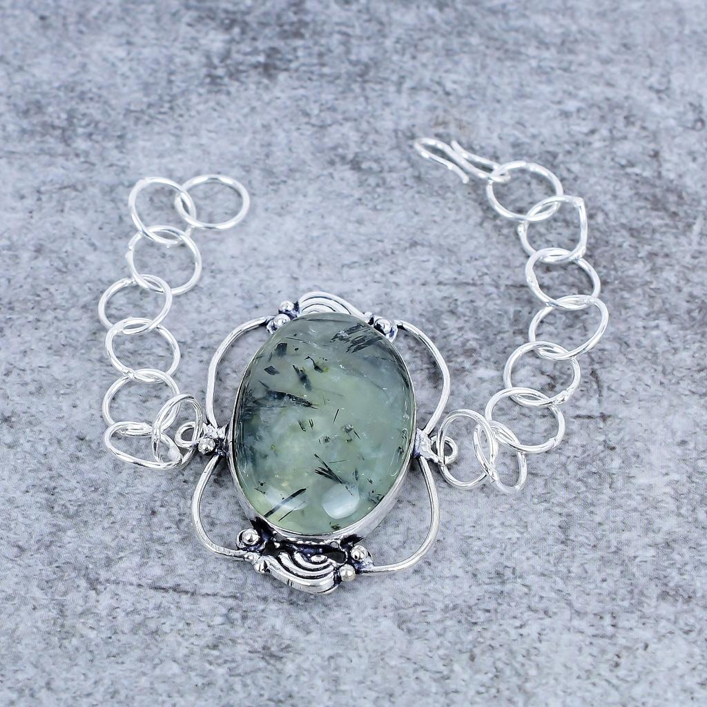 Prehnite Gemstone Handmade 925 Sterling Silver Bracelet 7-8" M-2711