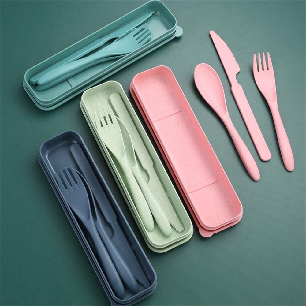 Wheat Straw Travel Utensils With Case Camping Spoon Fork Portable Camping Utensil Set Tableware