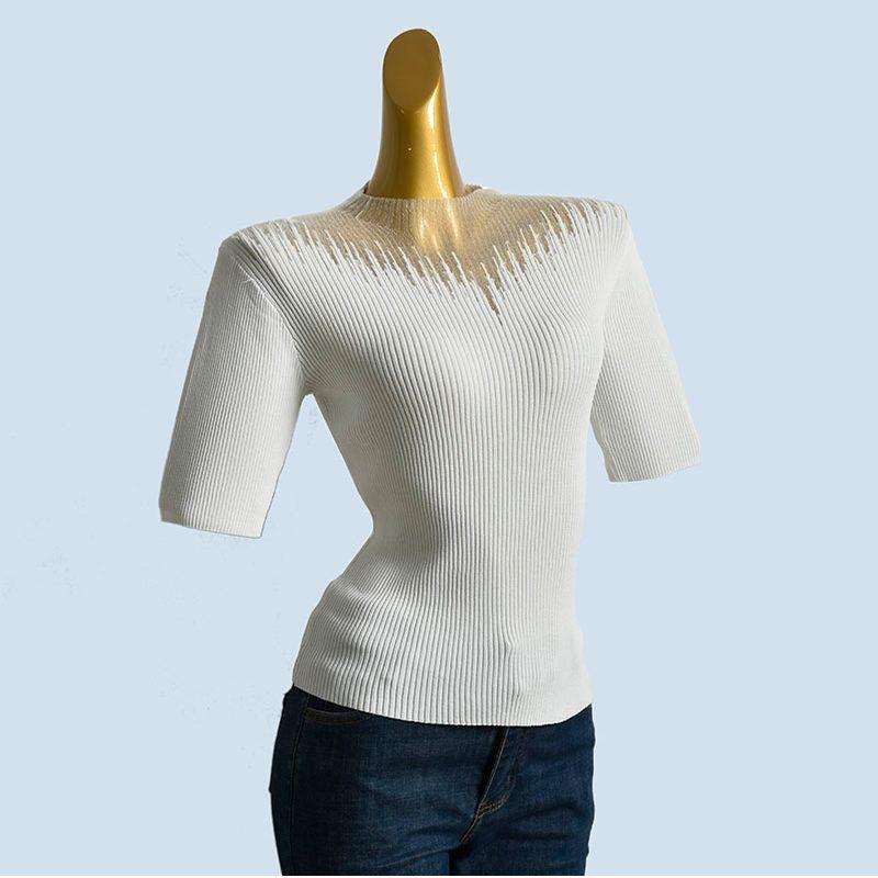 Half-high Collar Tulle Hollow Lace Knitted Short Sleeve Ice Shirt Silk T-shirt Women's Spring Summer Half Sleeve Western Style Base Top