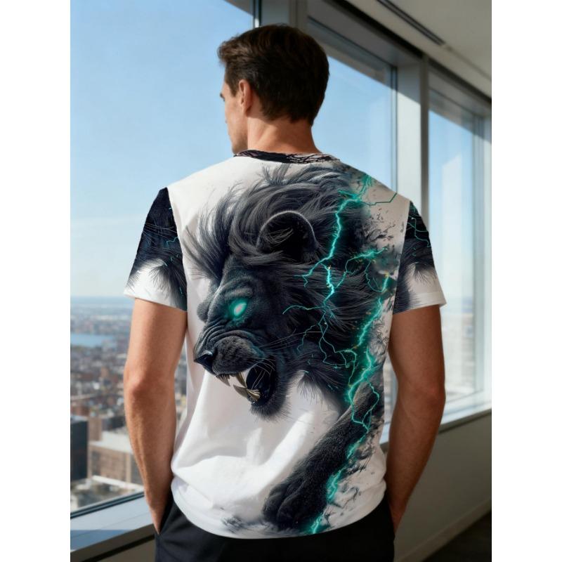 Men's Lion T-Shirt Cool Glowing Lightning Animal 3D Graphic Printed Casual Short Sleeve O-Neck Pullover Streetwear Summer Tee Tops Male Clothing