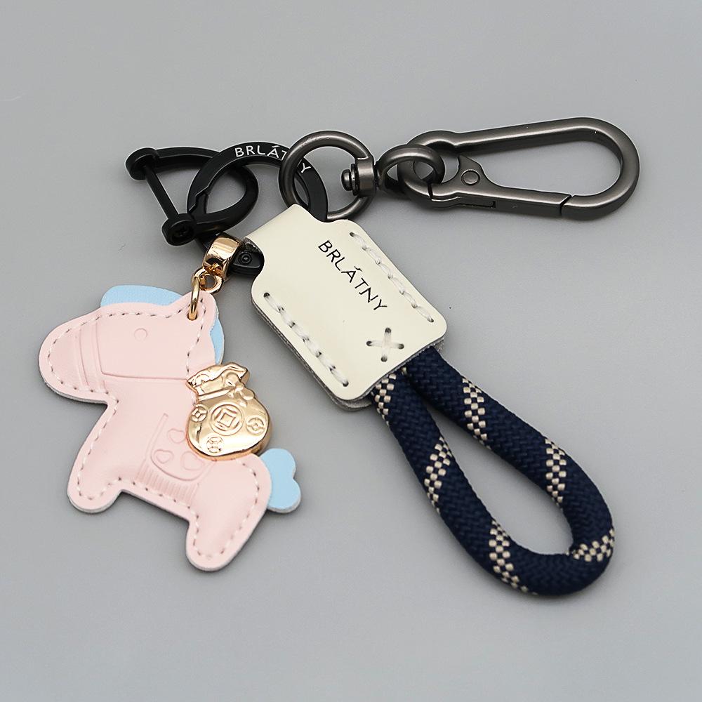 Handmade Genuine Leather Horse Keychain with Anti-Lost Lanyard and Woven Rope.