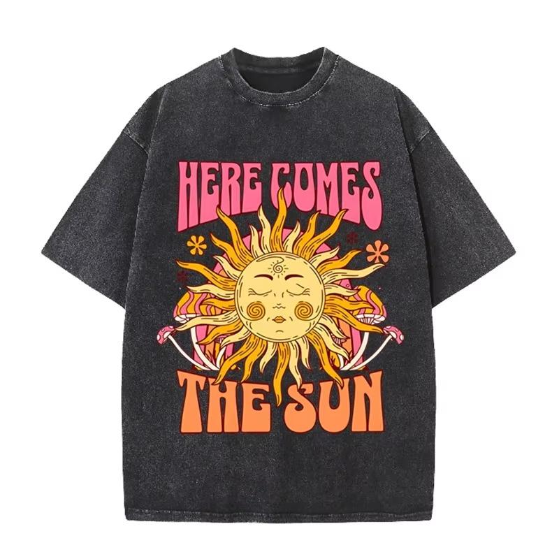 Vintage Black "Here Comes The Sun" T Shirt Retro Psychedelic Sun Acid Wash Tee