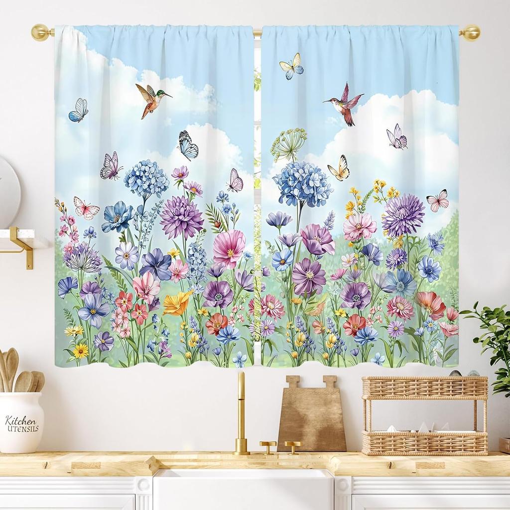 Purple Floral Butterfly Lilac Window Curtains Spring Flower Summer Girls Nature Garden Plant Drapes Treatment Curtain Polyester With Rod Pocket