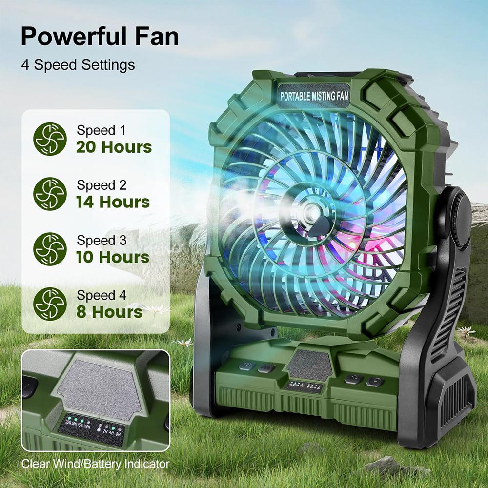 Hanging Hook Camping Fan Battery Operated Desk Fan with 4 LED Lantern 250ML Water Tank 8 Speeds, Battery Can Running 8-20 Hours