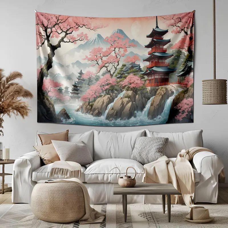 Tapestry Japanese pagoda wall carving in art 75x100 чёрный