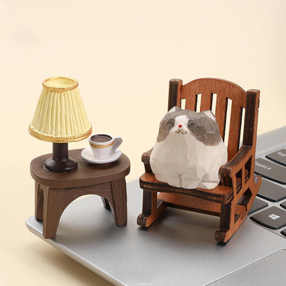 Hand Carved Wooden Cat Figurine Cute Kitten Statue Home Desktop Decor Calico Orange Cat Ragdoll Bombay Cat Miniature Craft Gift
