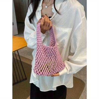 Um Conjunto de Uma Peça de Fio de Poliéster Crochê Malha Pálpebra Inferior Multicolorido Cor Pura Corda Tecida Bolsa Padrão Diamante Leve Portátil
