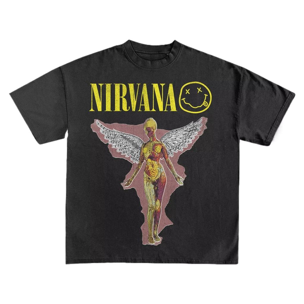 Nirvana In Utero and Smiley Face logo graphic pure Cotton graphics Tshirt unisex Y2k retro rock Oneck fashion Short Sleeve Tee