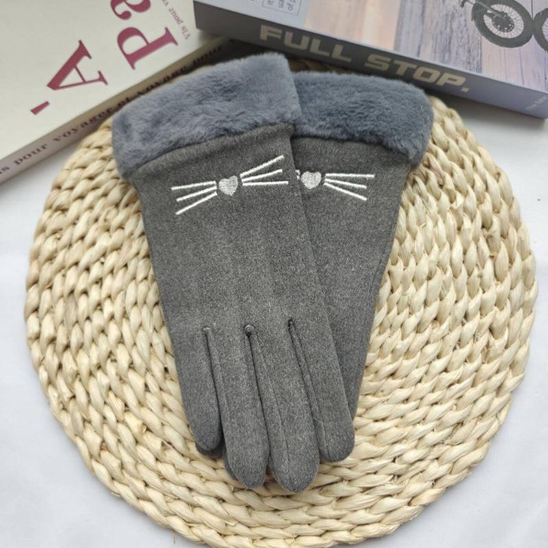 

Plush Winter Gloves Touchable Screen Warm Touch Screen Gloves Cute Cat Embroidery Full Finger Driving Mittens Women
