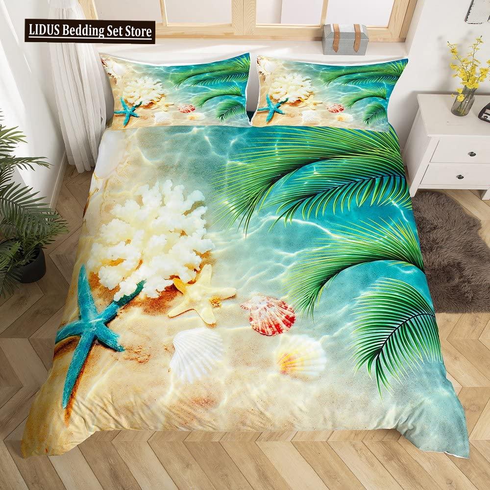 Letni Zestaw Poszwy na Kołdrę Queen Plażowy Zestaw Pościeli Oceanicznej Hawajskie Palmy Życie Morskie Fale Morskie Ryby Nadruk Zestaw Poszwy na Kołdrę