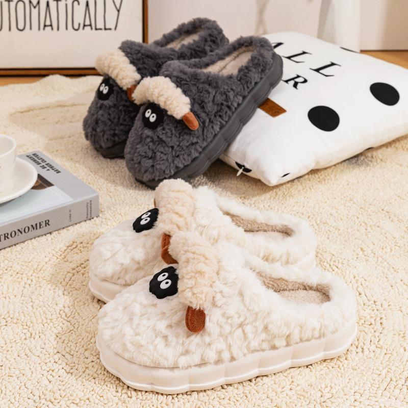 Cute cotton slippers women's winter indoor home thick bottom velvet warm couple plush cartoon lamb cotton drag men
