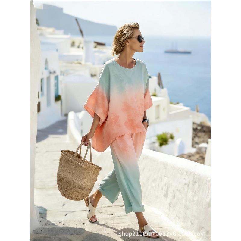 1116 Spring and Summer Bohemian Ink Painting Printing Two-piece Set Female Loose Casual Seaside Vacation Ladies Set