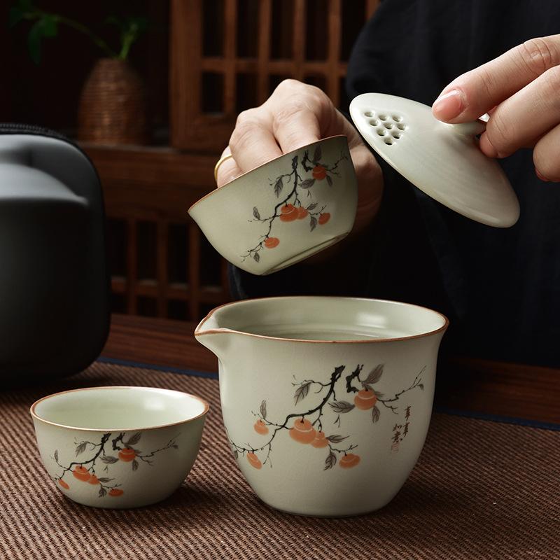 Ru Kiln Travel Tea Set Kuaike Cup One Pot Two Cups Kung Fu Set Outdoor Storage Portable Bag Business Souvenir