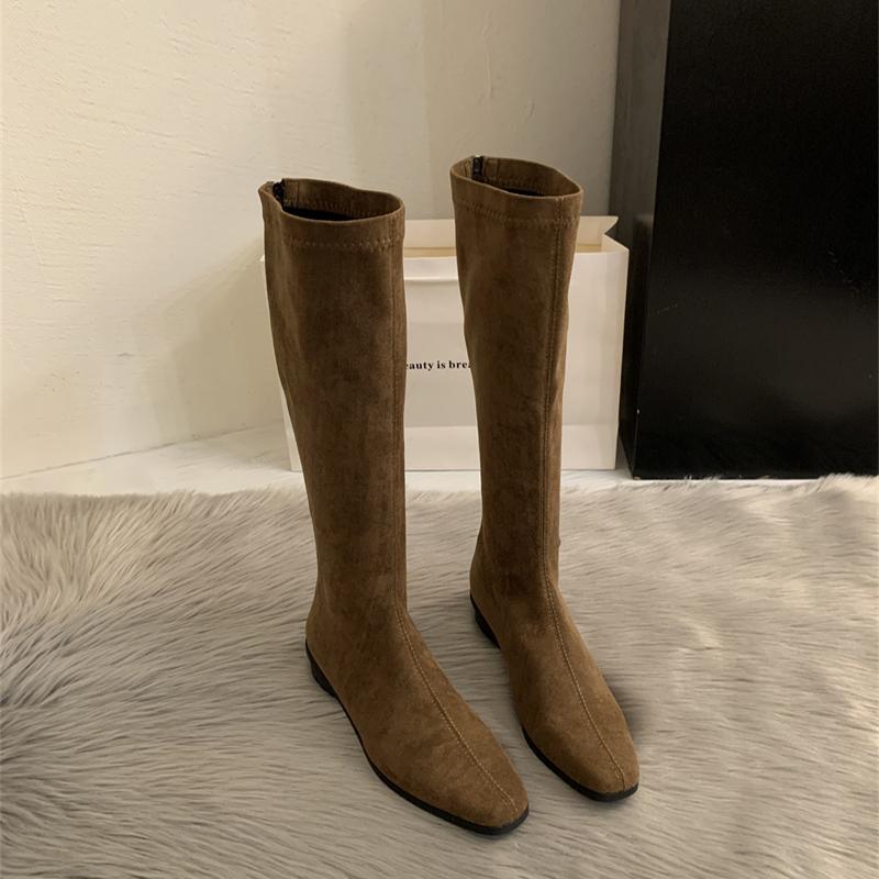 Mote Vinter Vintage Slanke Dame Knehøye Støvletter Designer Tykke Hæler Sko Moderne Lange Støvletter For Kvinner