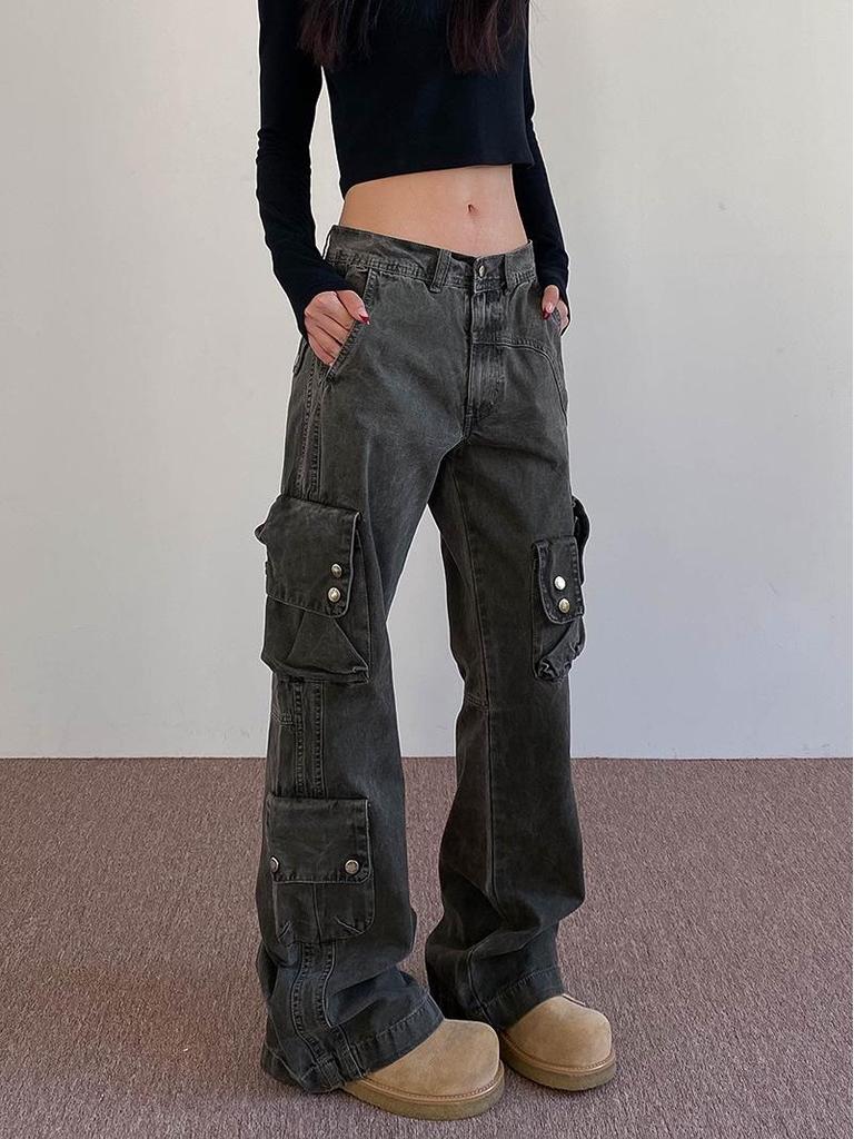 Women's Tie-Dye Distressed Cargo Pants - Versatile Straight-Leg with Slight Flare
