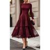 Elegant French Round Neck Solid Color Long Sleeve Mesh Panel Fit-and-Flare Dress Women