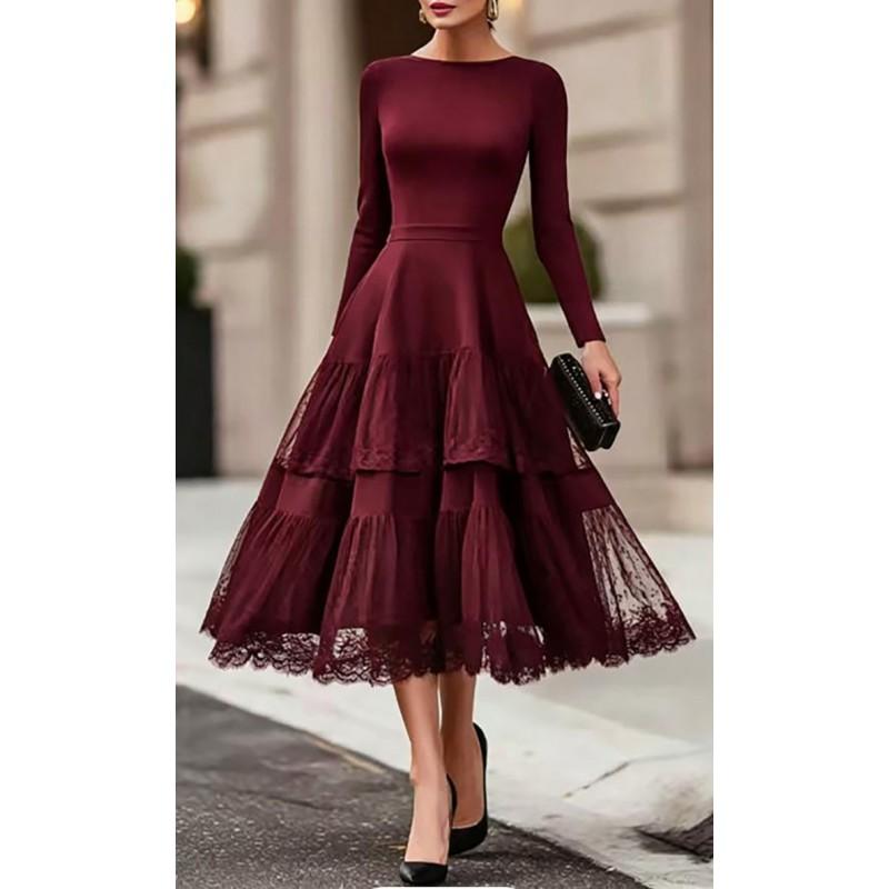 Elegant French Round Neck Solid Color Long Sleeve Mesh Panel Fit-and-Flare Dress Women