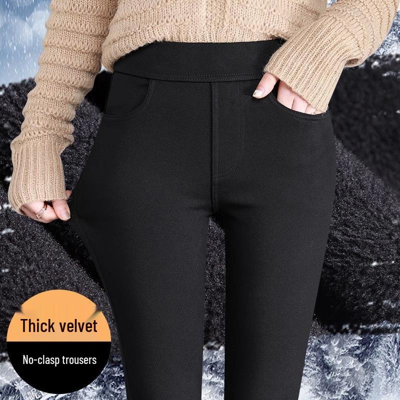 Black High-Waist Stretch Leggings for Women, Plus Size, Fleece-Lined, Slim-Fit Spring/Autumn.