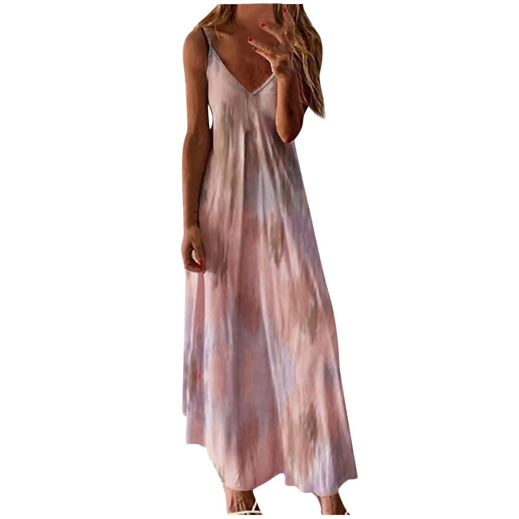 Fashion Women Sexy Plus Size Tie-dye Print Sleeveless V-Neck Camisole Long Dress