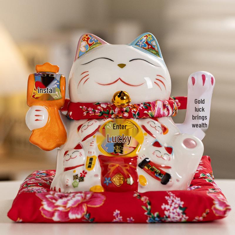 Electric Waving Lucky Cat Ceramic Ornament for Home, Living Room, Shop, or Cashier Desk.