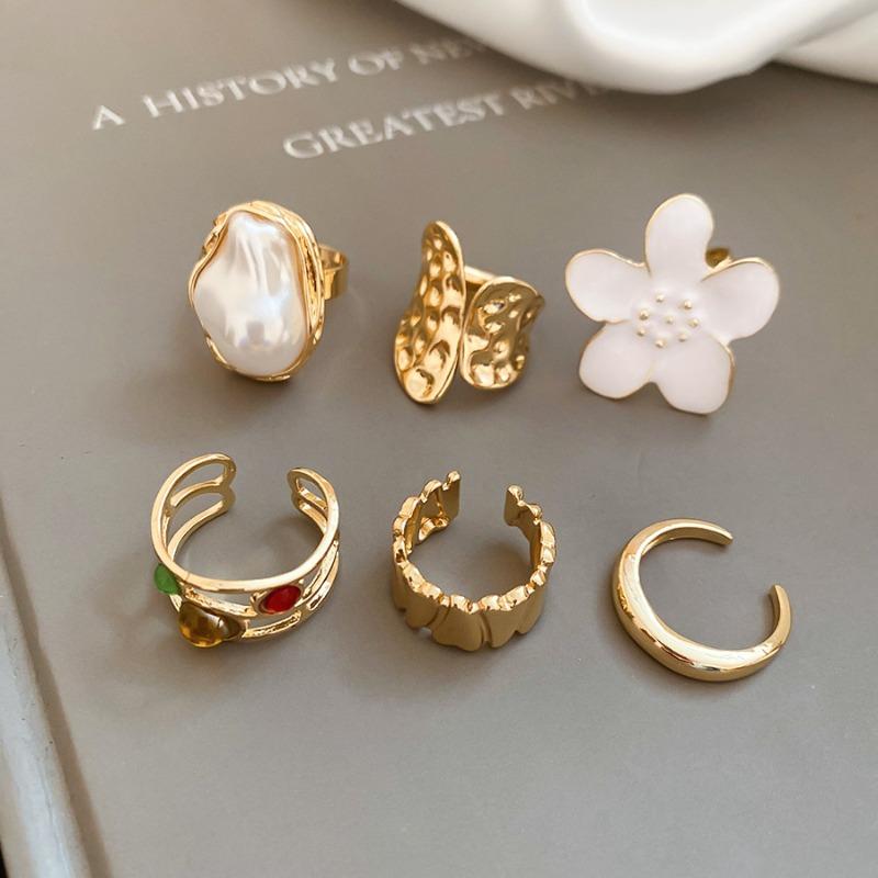 Folded flower pattern round opening ring six-piece set metal index finger ring niche design ring