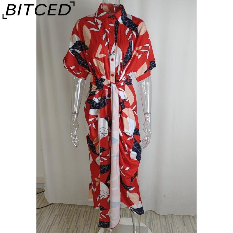 BITCED Damen Hemdkleid mit Kragen, mittellang, kurzärmelig, einreihig, hoch tailliert, Frühling