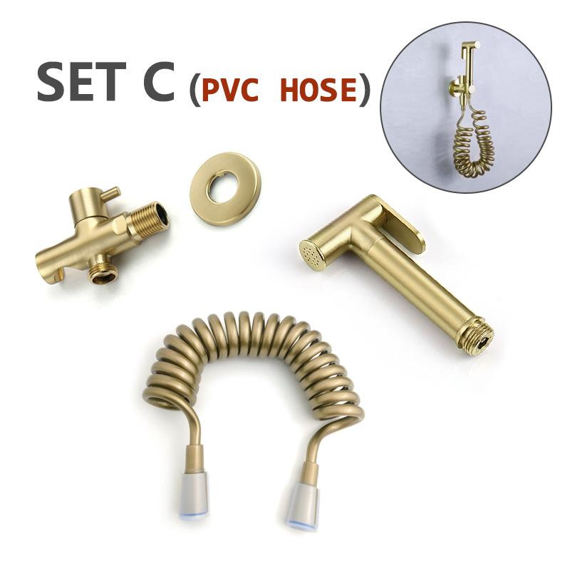 Bidet Sprayer Brushed Gold Bathroom Clean Toilet 2 Functions Water Flow Brass Body Stainless Steel/PVC Hose
