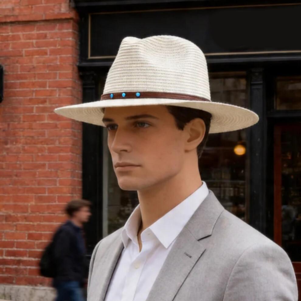 (Talla Única, Blanco) Sombrero de Paja Panama para Hombre, Sombrero de Sol de Ala Ancha Ligero de Verano para Playa al Aire Libre