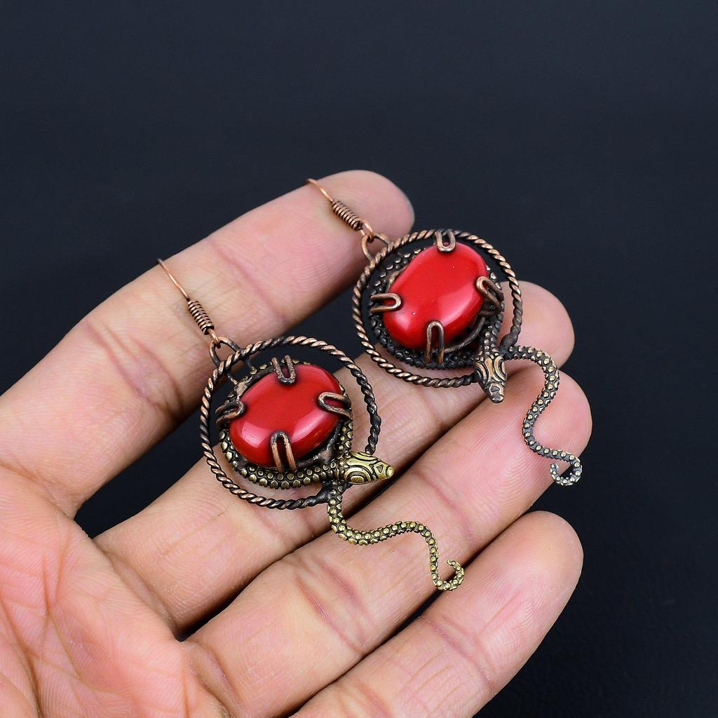 Red Coral Handmade Gemstone Earrings, 999 Copper Wire Wrapped Earrings Antique Jewelry, For Engagement Gift