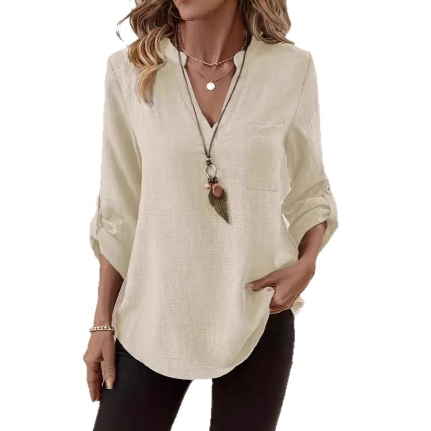 Spring/Summer Women's Plus Size V-Neck Solid Color Loose Fit Shirt